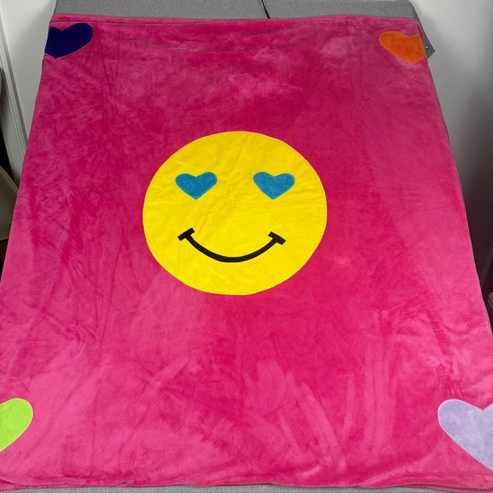 Boogie Baby Pink Blue Smiley Face Heart Plush Fleece Blanket Large Made in USA